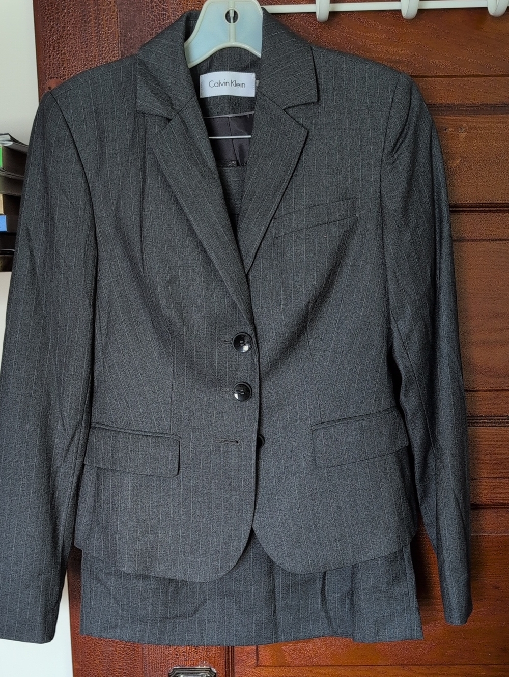 Calvin Klein Gray Pinstripe Two-Button Women's Suit Jacket